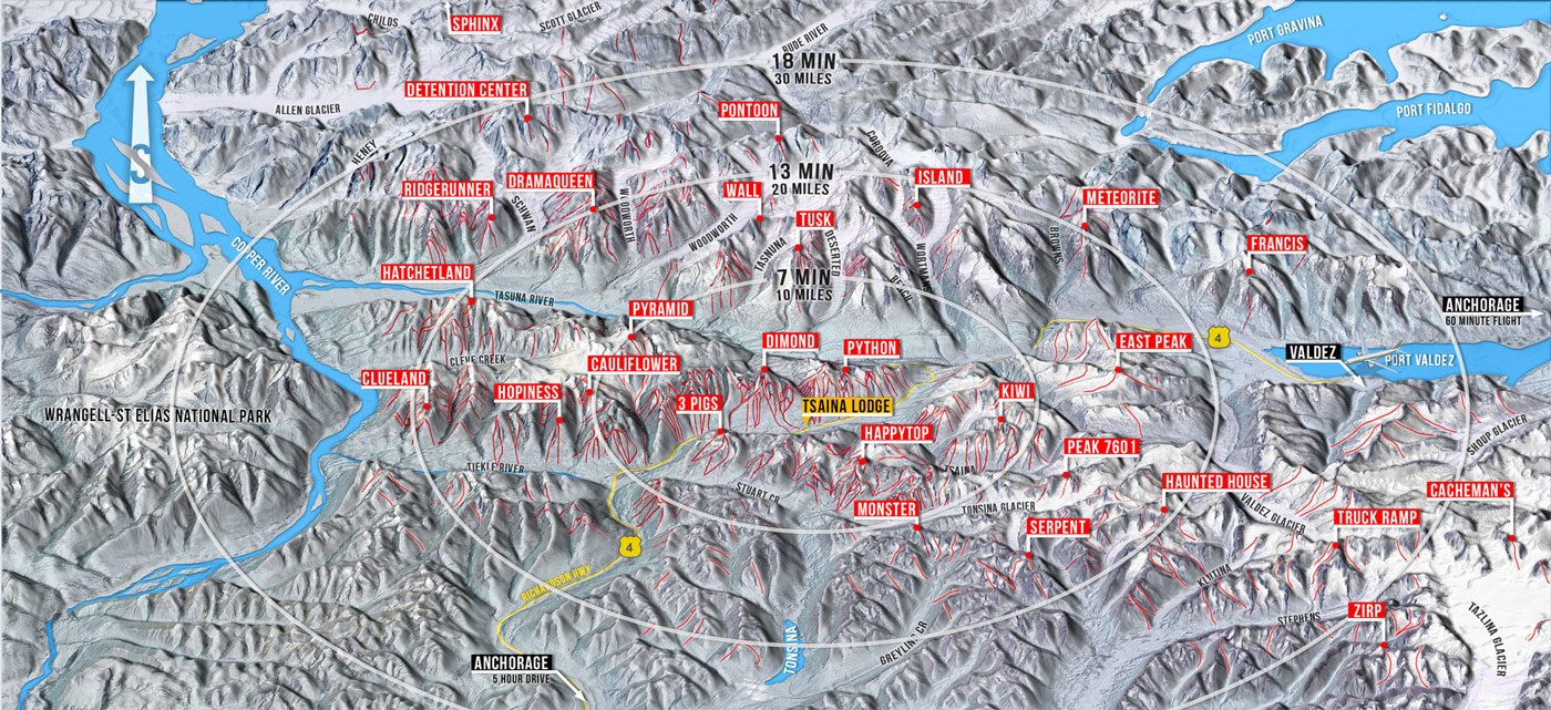 Map of the VHSG heli-ski terrain and permit area around the Tsaina Lodge and Thompson Pass, Alaska