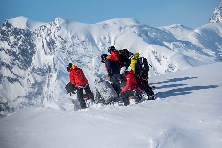 VHSG guides managing group safety on a Chugach descent, Valdez, Alaska