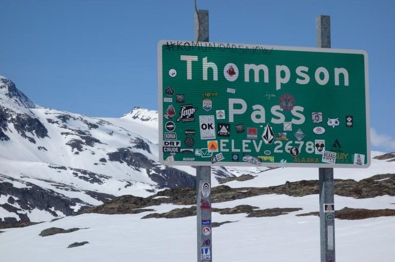 Deep snow banks along the Richardson Highway near Thompson Pass, Alaska