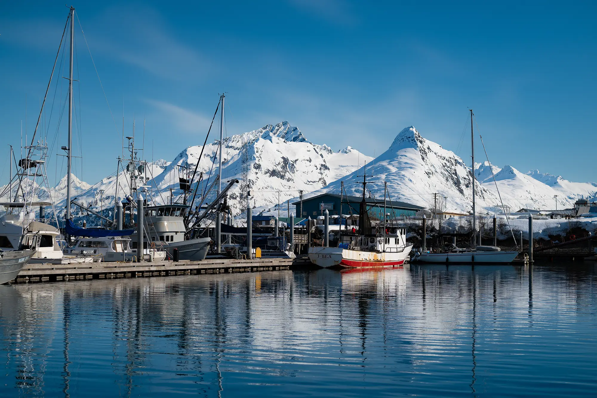 The small-boat harbor of Valdez, Alaska, with snowy Chugach peaks above Prince William Sound