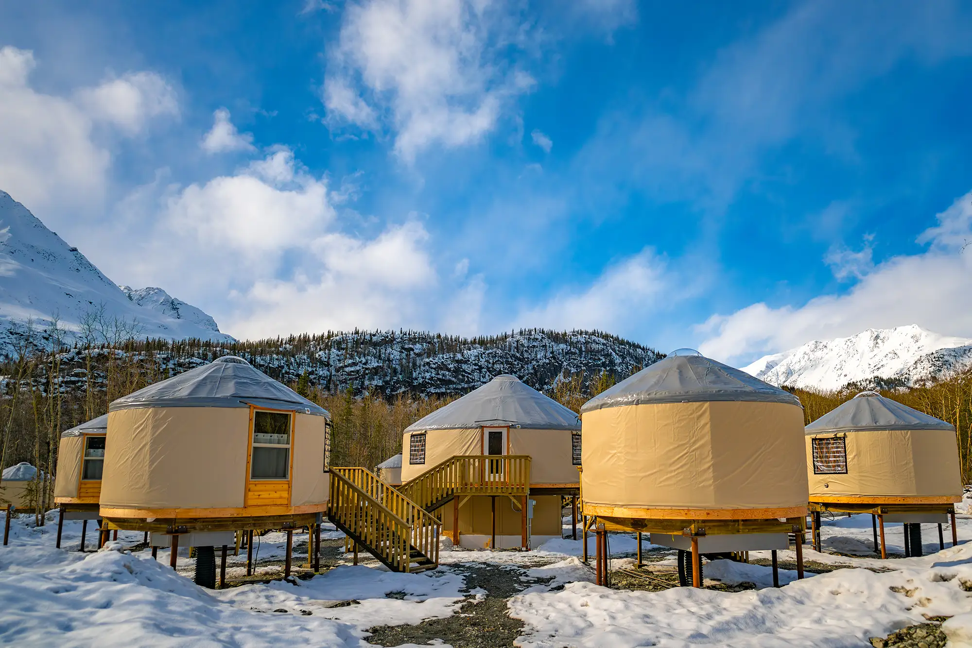 The communal yurt island at the Alaska Rendezvous Lodge