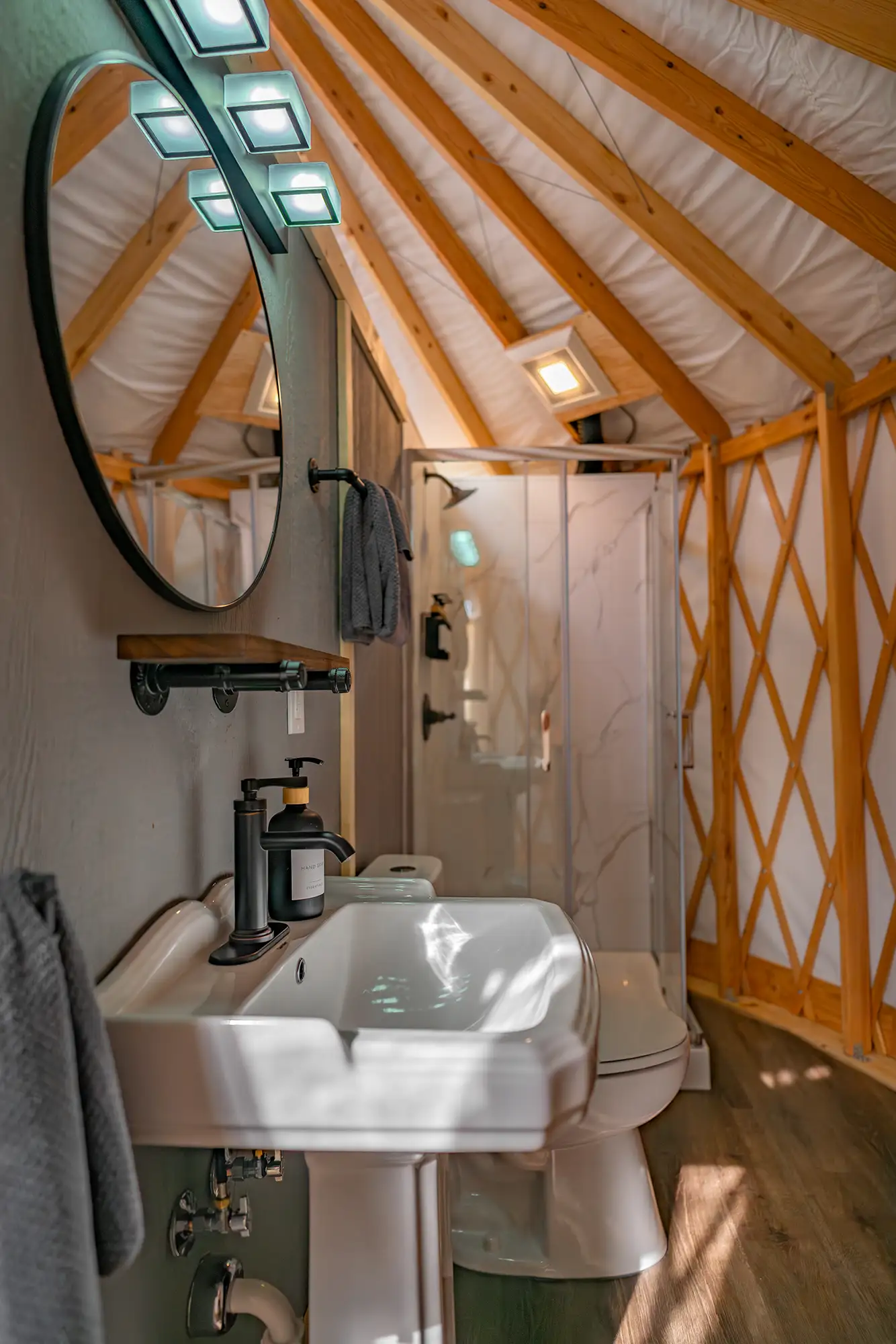 Private bathroom in a single yurt at the Alaska Rendezvous Lodge