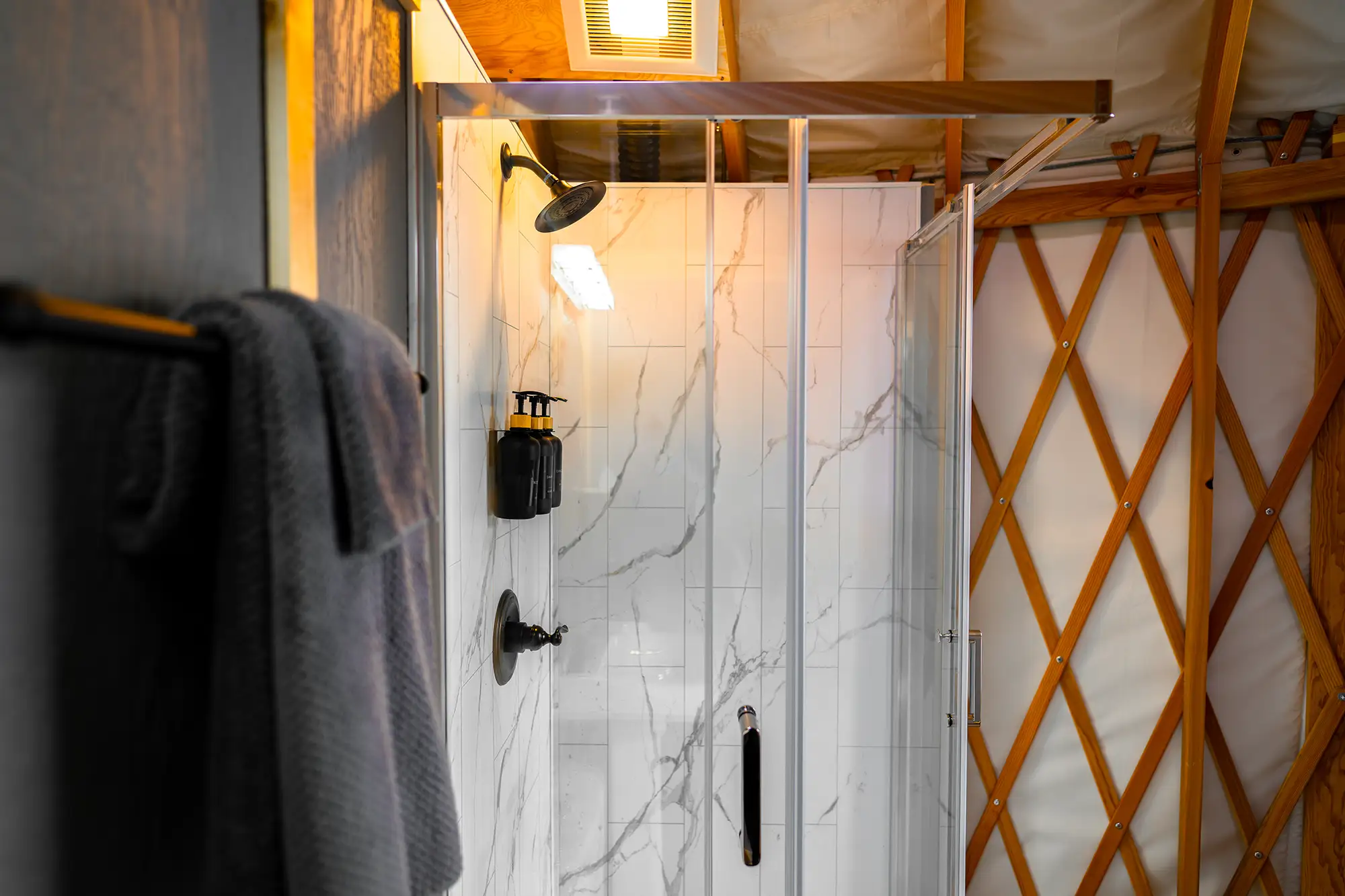 Private en-suite yurt bathroom at the Alaska Rendezvous Lodge