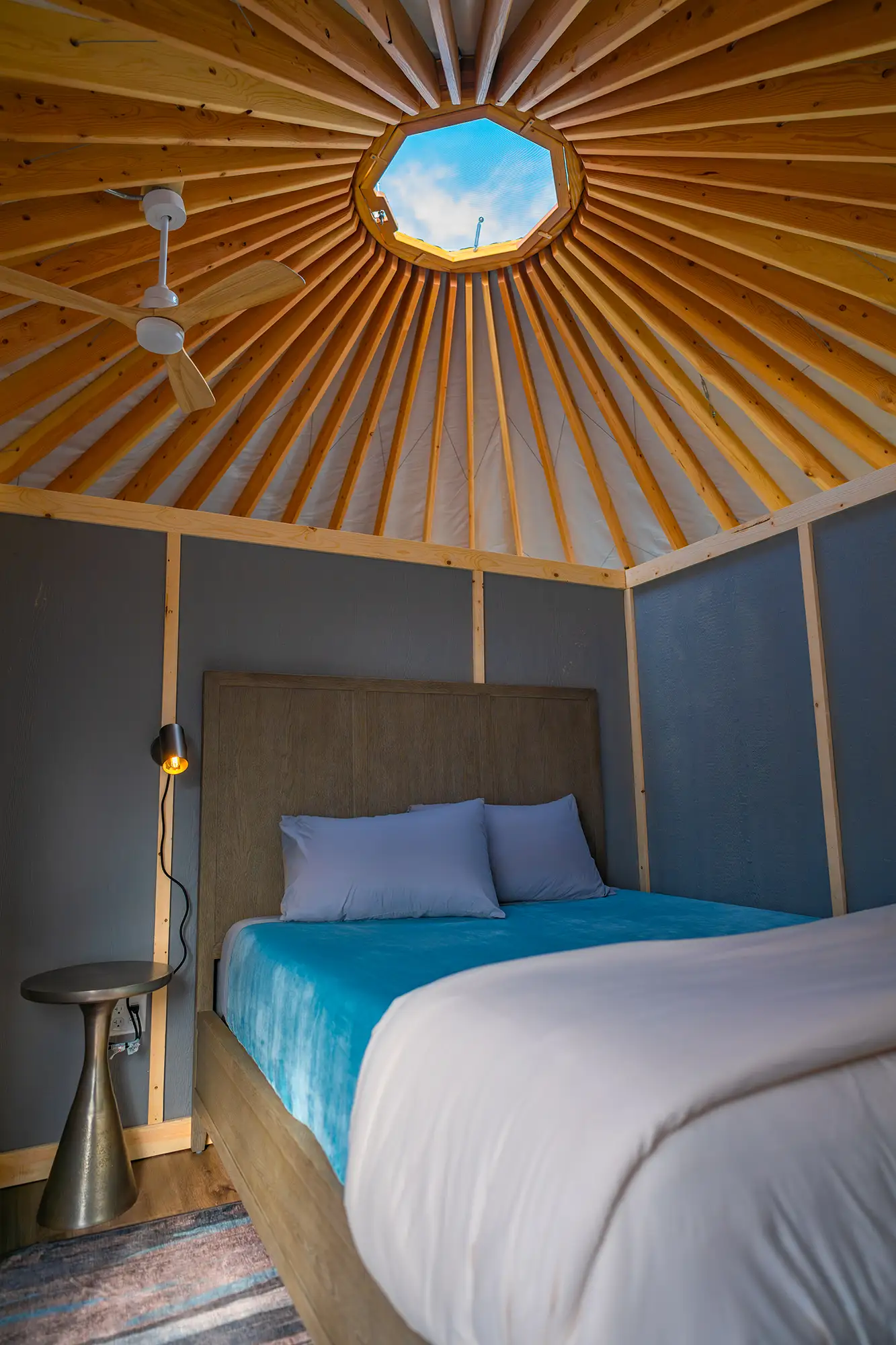 Bedroom suite inside a double yurt at the Alaska Rendezvous Lodge