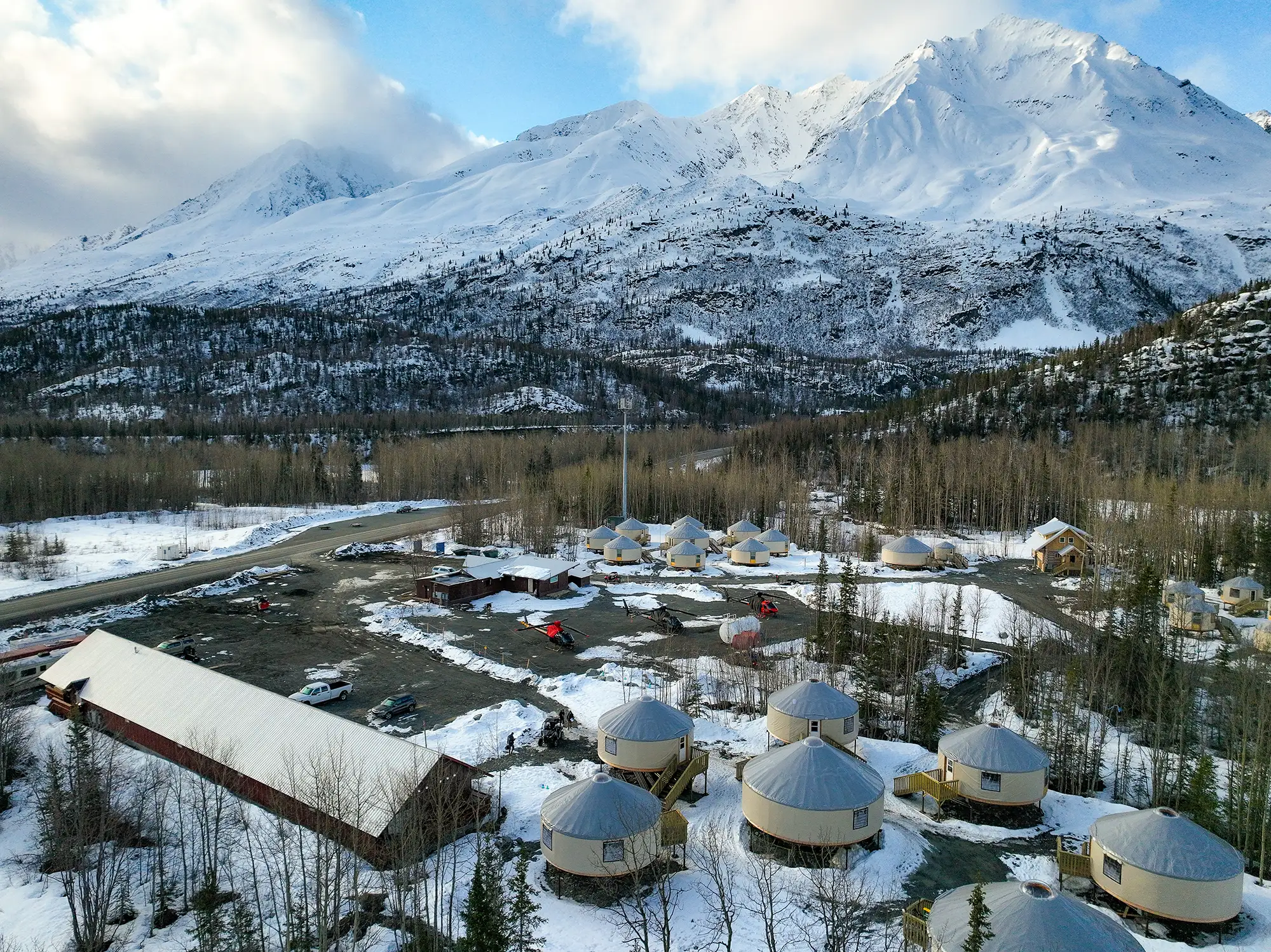 Winter view of the Alaska Rendezvous Lodge grounds, Thompson Pass, Alaska